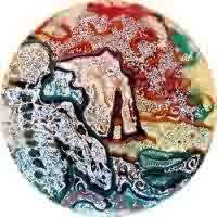 Dominique DIGEON - Le Horla au pont du Gard,100cm de diamètre,2005,Caséine et papiers pelés sur toile Dominique DIGEON - Le Horla au pont du Gard,100cm de diamètre,2005,Caséine et papiers pelés sur toile