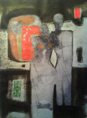 Abdelali MOUADA - Un couple et un chien - technique mixte - 199O Abdelali MOUADA - Un couple et un chien - technique mixte - 199O