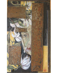 MACHA VOLODINA-WINTERSTEIN - Apparition, 46x77, Acrylique, Tôle Oxydée, éléments d'installation sur Bois, 1996 MACHA VOLODINA-WINTERSTEIN - Apparition, 46x77, Acrylique, Tôle Oxydée, éléments d'installation sur Bois, 1996