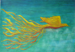 Ysia MARIEVA - Oiseau Feu de Vie 45x65 2004 arylique au couteau et plume d'oiseau sur carton Kraft Ysia MARIEVA - Oiseau Feu de Vie 45x65 2004 arylique au couteau et plume d'oiseau sur carton Kraft