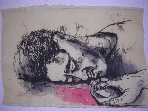 Laurence GODON - Dormeur 40x 60cm 2006 monotype sur papier de riz et encre de chine Laurence GODON - Dormeur 40x 60cm 2006 monotype sur papier de riz et encre de chine