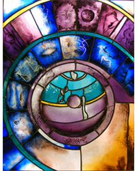 Nicolas JAGUELIN - L'univers, 70 x 90 cm, 2004, vitrail, peinture sur verre : grisaille, jaune d'argent, gravure sur verre. Nicolas JAGUELIN - L'univers, 70 x 90 cm, 2004, vitrail, peinture sur verre : grisaille, jaune d'argent, gravure sur verre.