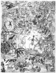 NATACHA DE BRADKE - L'ivre des merveilles, 35X45cm, 2002, gravure pointe seche. NATACHA DE BRADKE - L'ivre des merveilles, 35X45cm, 2002, gravure pointe seche.