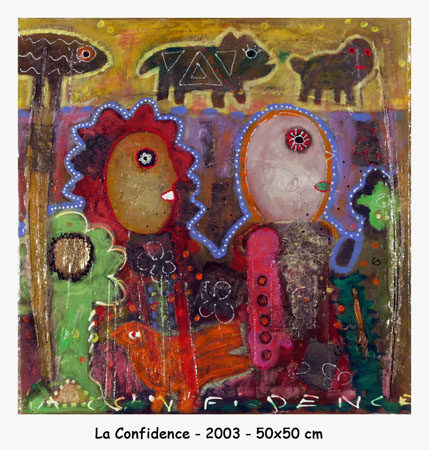Huguette MACHADO RICO - La confidence. 50x50cm. 2003. Technique mixte sur toile. Huguette MACHADO RICO - La confidence. 50x50cm. 2003. Technique mixte sur toile.