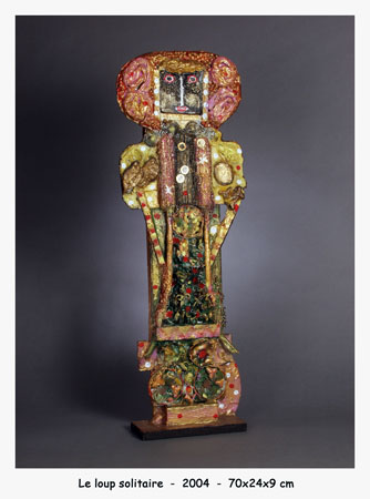 Huguette MACHADO RICO - Le loup solitaire. 70x24x9cm. 2004. Montage_bois. Huguette MACHADO RICO - Le loup solitaire. 70x24x9cm. 2004. Montage_bois.