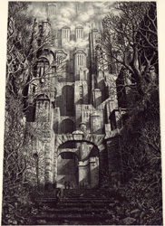 Gérard TRIGNAC - La cité aux mille tours,37,5X27. 2000. Gravure ? l' eau forte et au burin Gérard TRIGNAC - La cité aux mille tours,37,5X27. 2000. Gravure ? l' eau forte et au burin