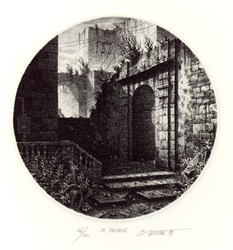 Gérard TRIGNAC - La fontaine . Diamètre 14,5 . 1998 . Gravure ? l' eau forte et au Burin Gérard TRIGNAC - La fontaine . Diamètre 14,5 . 1998 . Gravure ? l' eau forte et au Burin