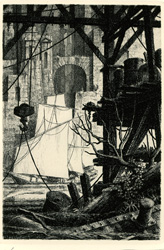 Gérard TRIGNAC - Les docks . 13X9 . 1998 . Gravure à l'eau forte et au burin Gérard TRIGNAC - Les docks . 13X9 . 1998 . Gravure à l'eau forte et au burin