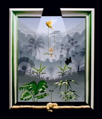 Martial BOURLOT - Ceylan 92 X 60 cm huile sur toile et sculpture en bois Martial BOURLOT - Ceylan 92 X 60 cm huile sur toile et sculpture en bois