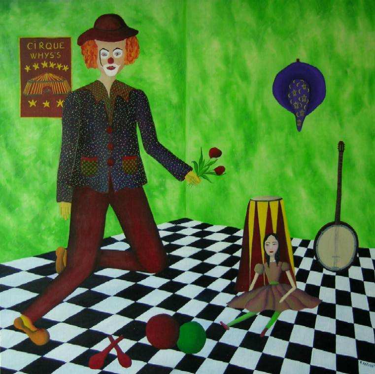 ALINE PREVOST - Amour de cirque, 60x60, huile sur toile ALINE PREVOST - Amour de cirque, 60x60, huile sur toile