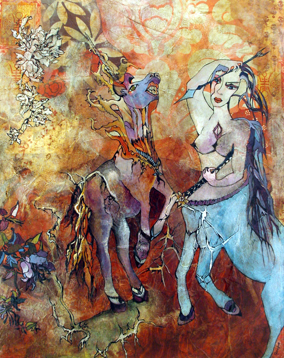 CLAIRE BONNAFOUX - Licorne & Geisha. 90x70cm. 2008. Technique mixte CLAIRE BONNAFOUX - Licorne & Geisha. 90x70cm. 2008. Technique mixte