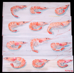 Chantal REMY - une douzaine de crevettes, 49x50cm, acrylique et aquarelle sur bois Chantal REMY - une douzaine de crevettes, 49x50cm, acrylique et aquarelle sur bois