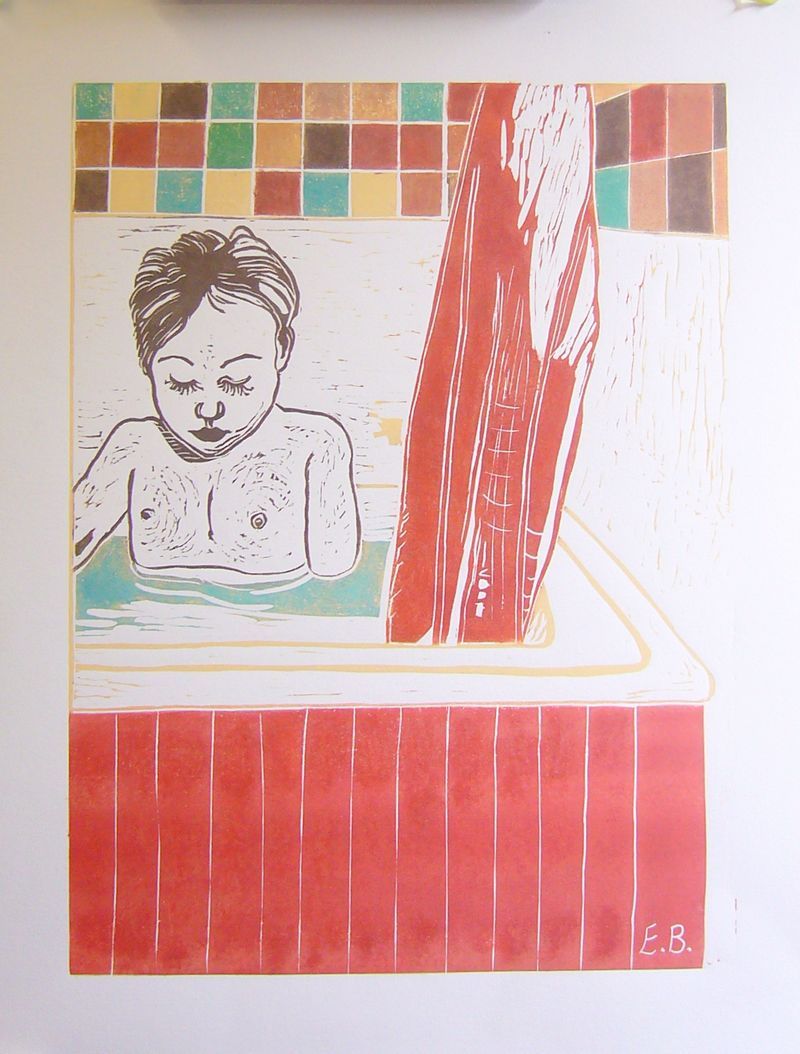 Eléonore BOURDEAUX - Enfant au Bain, feuille de format 40cmX50cm, 2012, linogravure Eléonore BOURDEAUX - Enfant au Bain, feuille de format 40cmX50cm, 2012, linogravure
