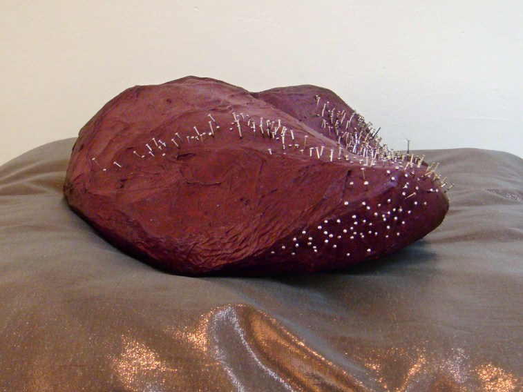 Florence Baudin - Crève-coeur, 2010, 72 x 40 x 14 cm, papier, pigments et aiguilles sur coussin Florence Baudin - Crève-coeur, 2010, 72 x 40 x 14 cm, papier, pigments et aiguilles sur coussin