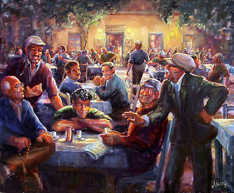 Jacqueline Politis-Jobin - Le café de Mélissia le soir (Grèce), 2001, 73x93cm, h/t Jacqueline Politis-Jobin - Le café de Mélissia le soir (Grèce), 2001, 73x93cm, h/t