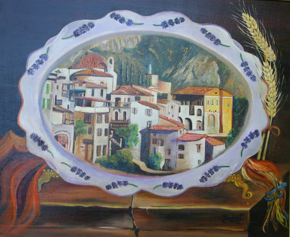 Jeanine JAUBERT - village de Peille dans le plat 55x46 Jeanine JAUBERT - village de Peille dans le plat 55x46