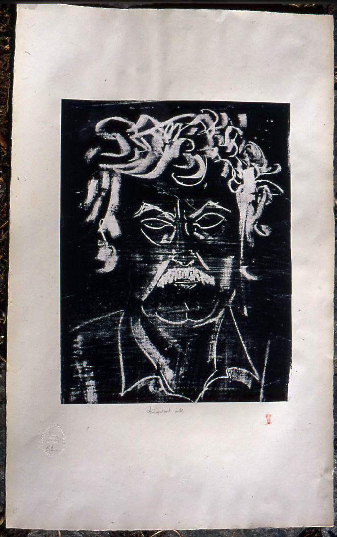 Pierre JONQUIERES - Autoportrait mité. 48 x 76. 1990. Litho originale Pierre JONQUIERES - Autoportrait mité. 48 x 76. 1990. Litho originale