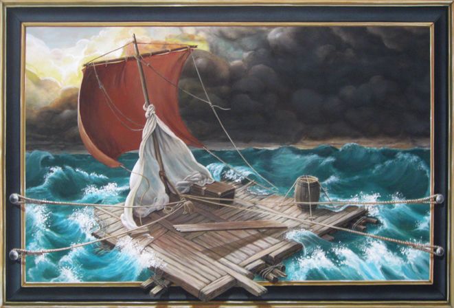 VINCENT DROUIN - LA DÉRIVE DE L’HUMANITÉ : 54 x 81 cm 2009 trompe-l’œil, acrylique sur toile. VINCENT DROUIN - LA DÉRIVE DE L’HUMANITÉ : 54 x 81 cm 2009 trompe-l’œil, acrylique sur toile.