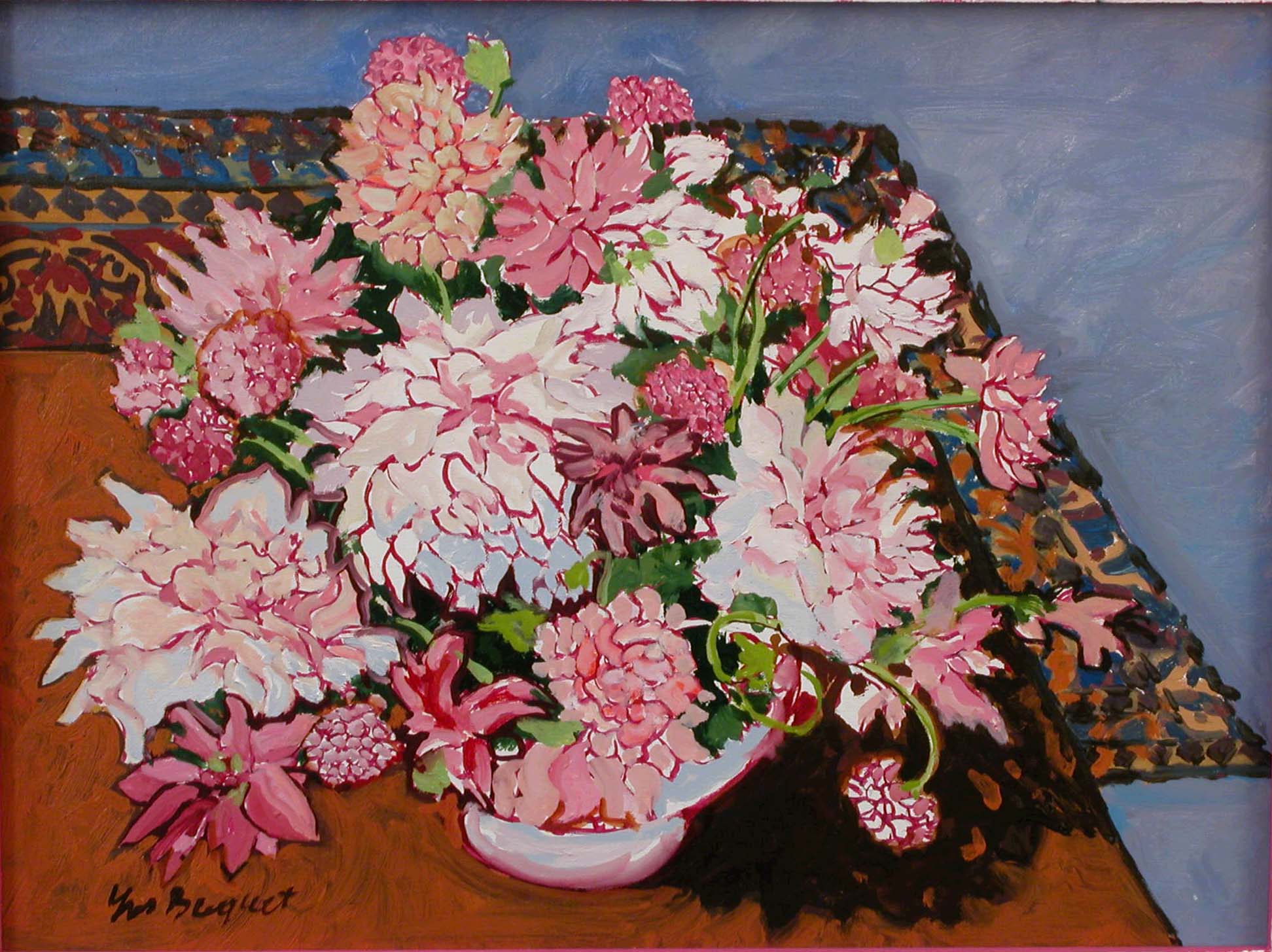 YVES BECQUET - Les dahlias au tapis, 81X60cm YVES BECQUET - Les dahlias au tapis, 81X60cm