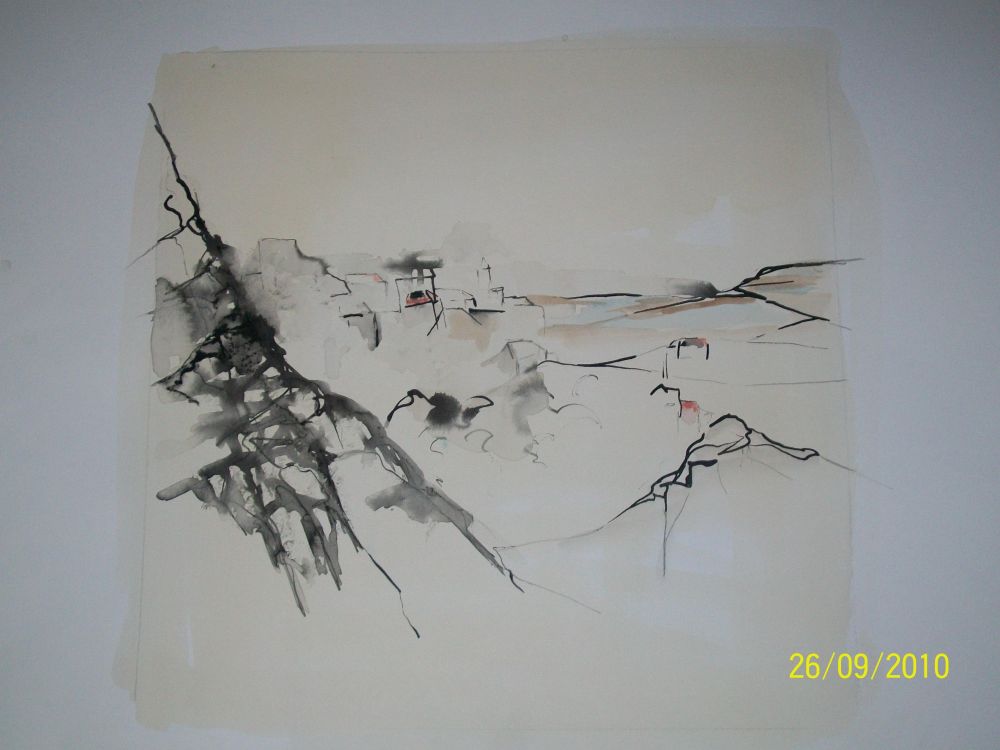 genevieve Bonnet-Cadith - entre deux monts, lavis encre noire et rouge sur papier format 35X45 genevieve Bonnet-Cadith - entre deux monts, lavis encre noire et rouge sur papier format 35X45