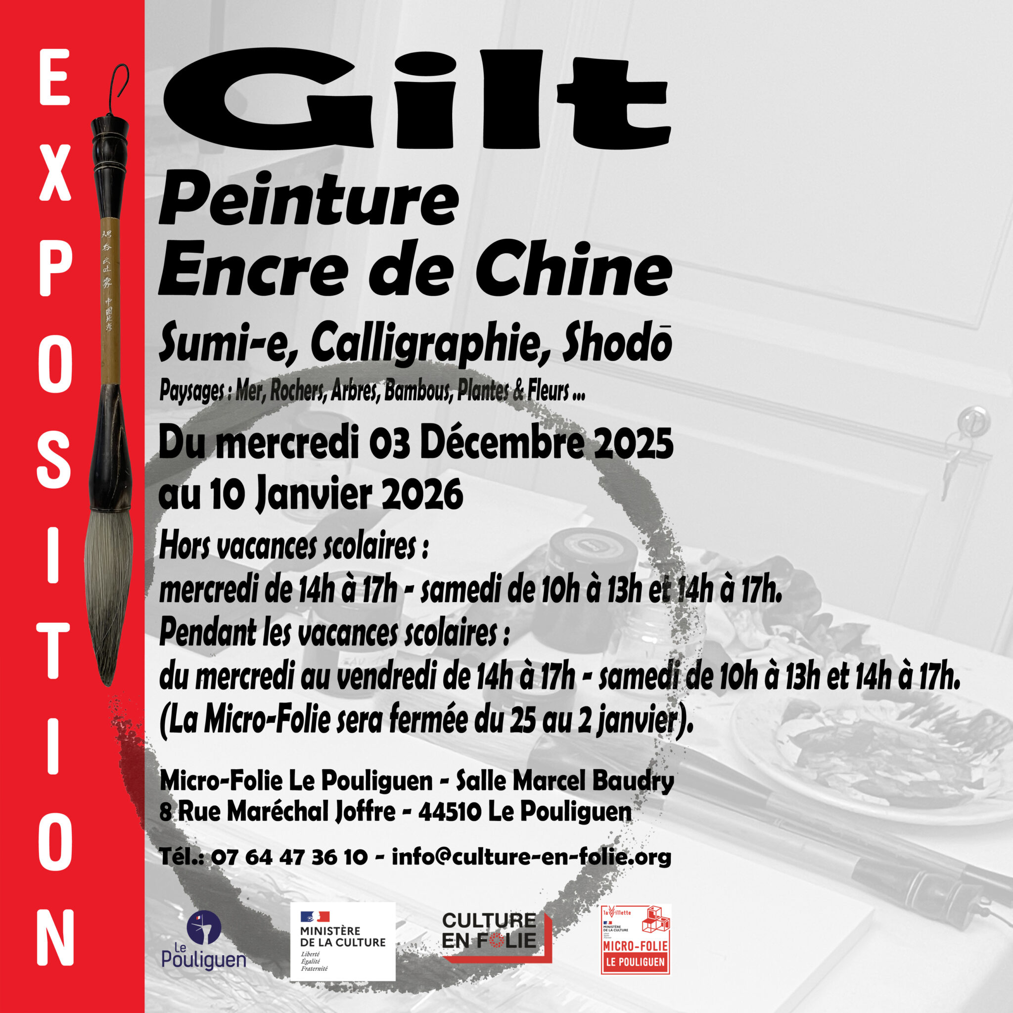 Gilt exposition Peinture Encre de Chine  Paysages: Mer, Rochers, Arbres, Balbous, Plantes & Fleurs...