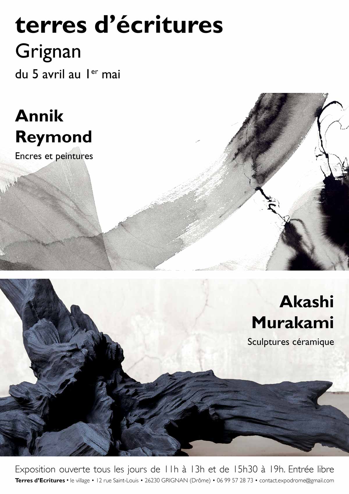 Exposition Akashi Murakami, sculptures céramique et Annik Reymond, encres et peintures