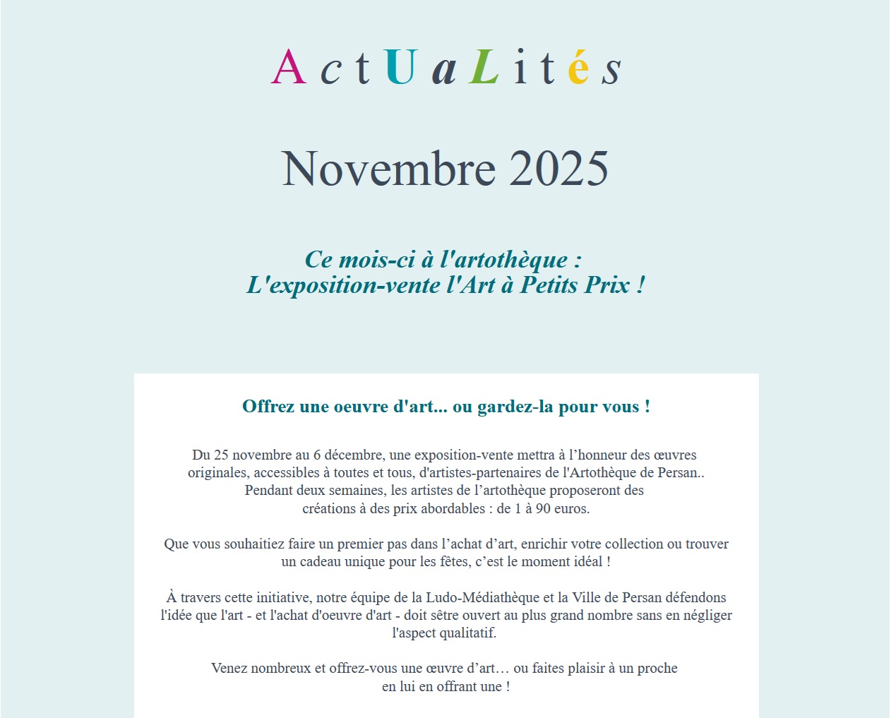 Biennale "L'art à Petit Prix" à l'Artothèque de Persan