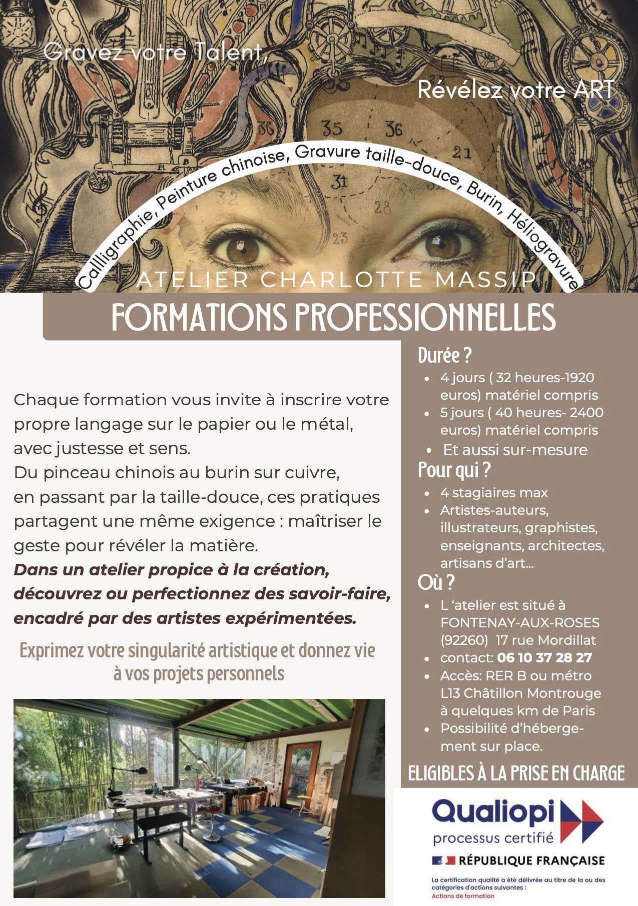 Formations professionnelles en GRAVURE taille-douce atelier de Charlotte Massip -prises en charge par AFDAS, POLE EMPLOI certifié Qualiopi