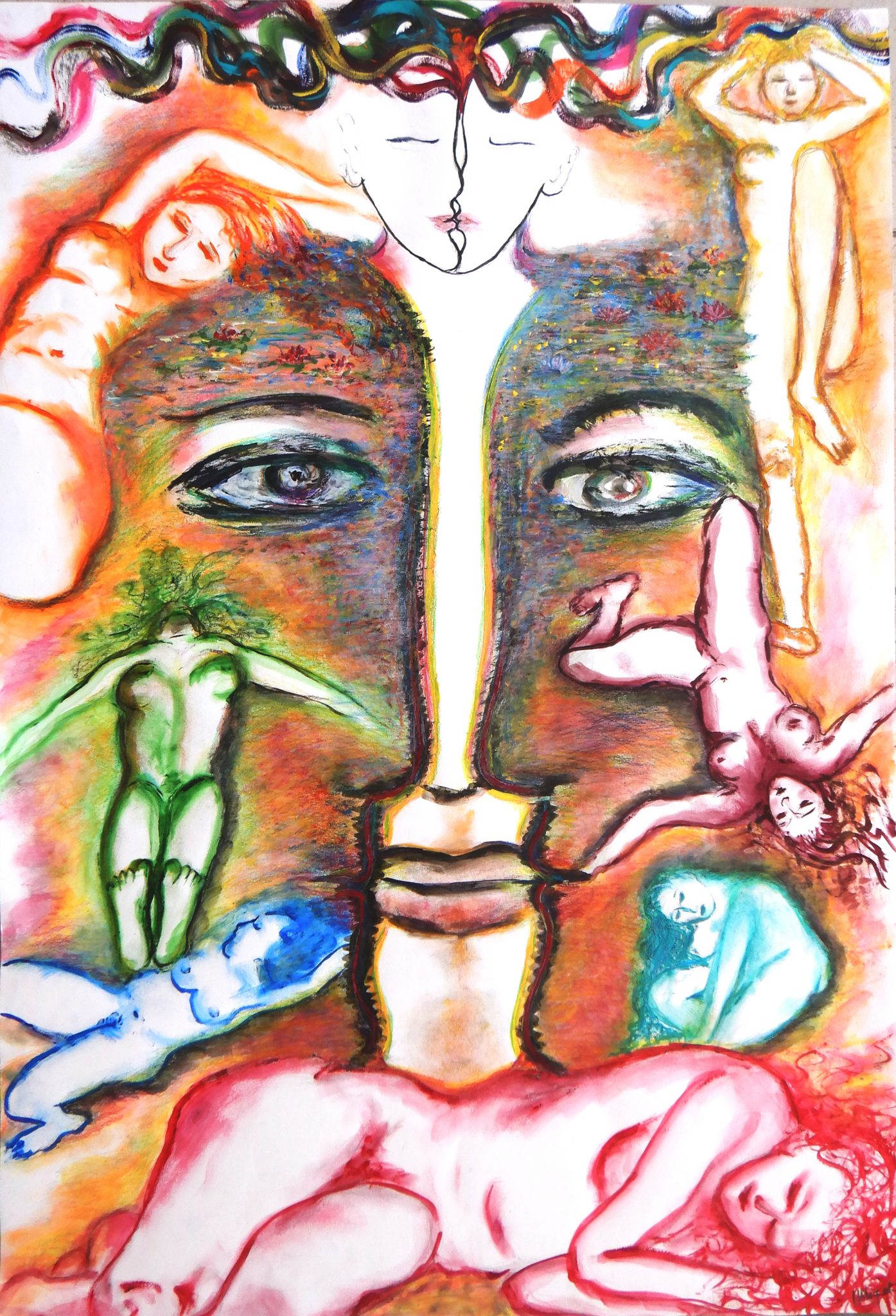 reveuses-au-baiser-psychedelique-dessin-crayons-et-aquarelle-sur-papier-110-x-75-cm