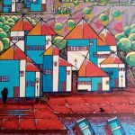 Paysage aux maisons bleues