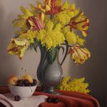 Bouquet de mimosas et les tulipes perroquets (55 X 46 cm) 10F par Abdolreza SARRAFI