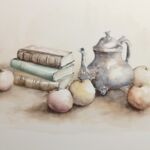 Livres, pommes et vieil étain